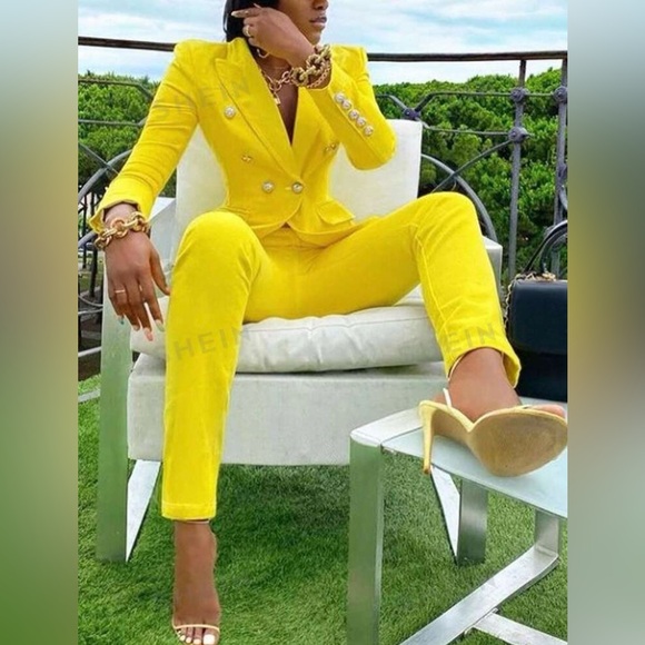 Women's Solid Color Double Breasted Long Sleeve Suit Jacket And Pants. - Picture 7 of 7